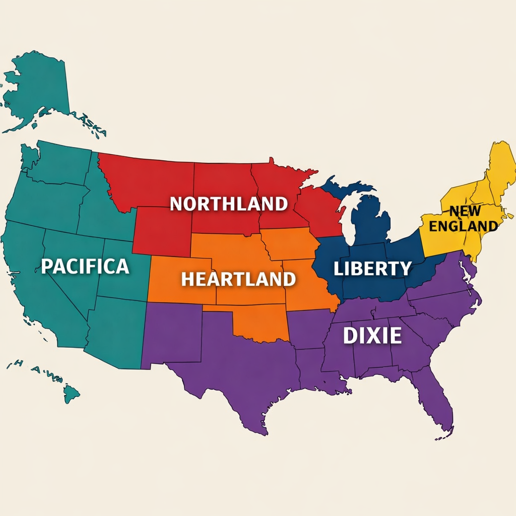 United States map divided into six regions labeled Pacifica, Northland, Heartland, Liberty, Dixie, and New England.